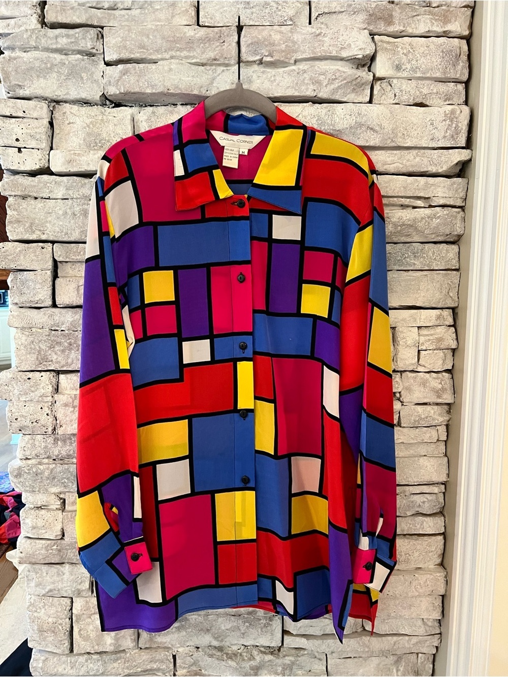 Vintage Casual Corner Mondrian Geometric Button-Up Blouse 100% Silk Size M